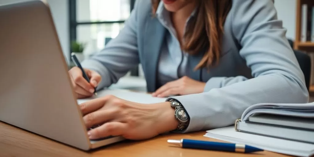 Professional translator focused on document translation at desk.