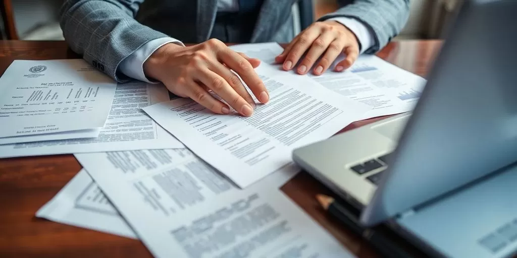 Professional translator working with official documents on a laptop.