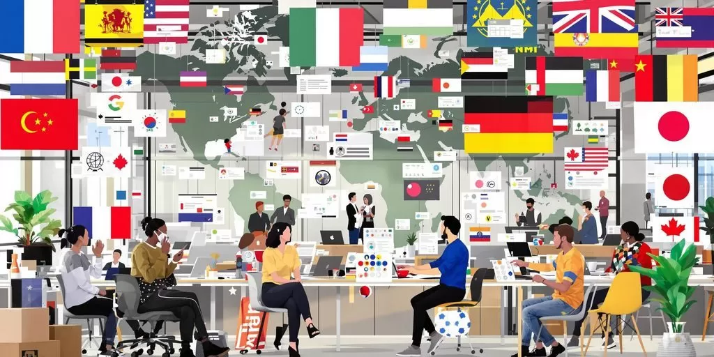 Diverse people communicating through devices with country flags.