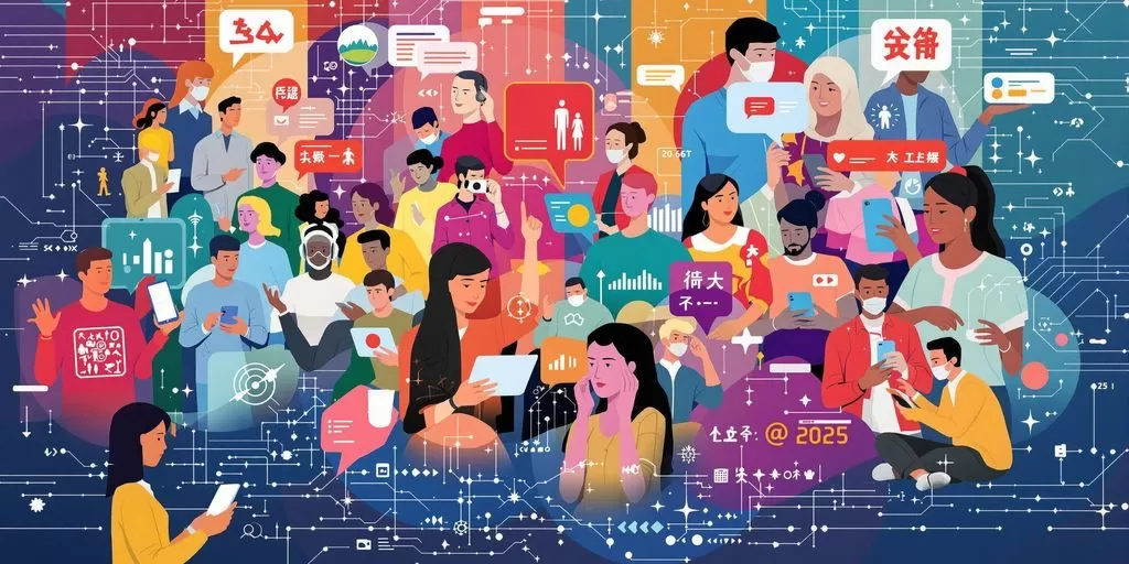 Diverse people using devices for global communication exchange.