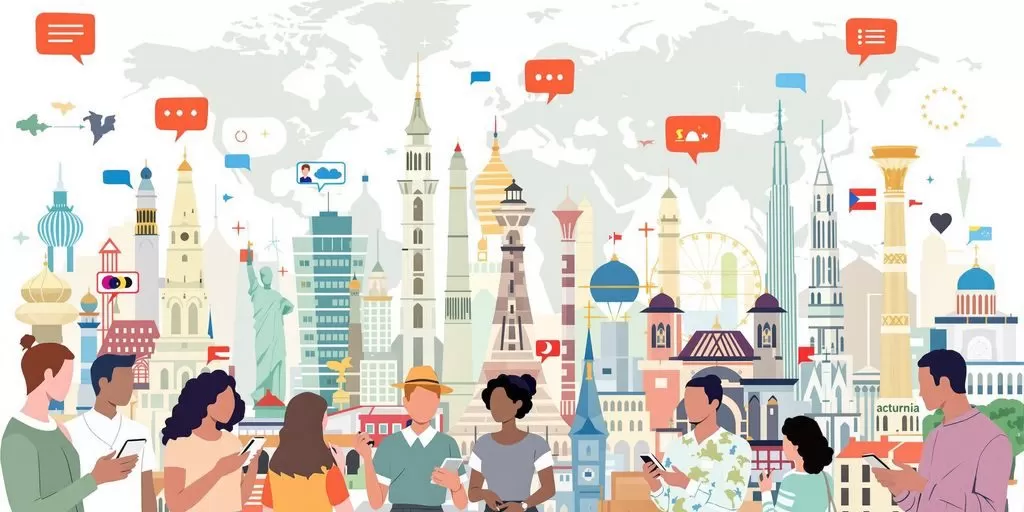People communicating globally through digital devices and landmarks.