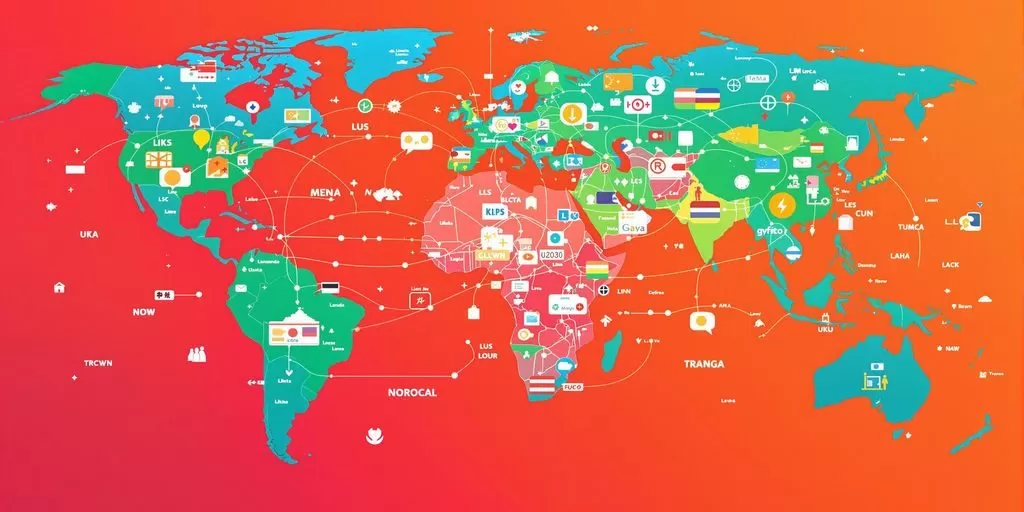 Colorful globe with language icons for global communication.