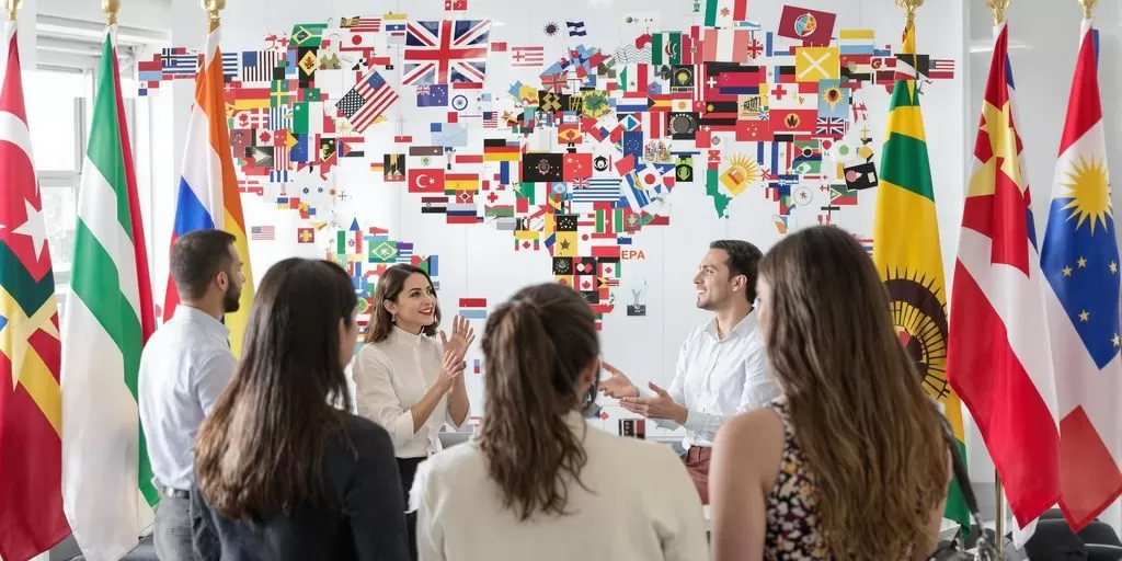 Diverse professionals discussing in a global business setting.
