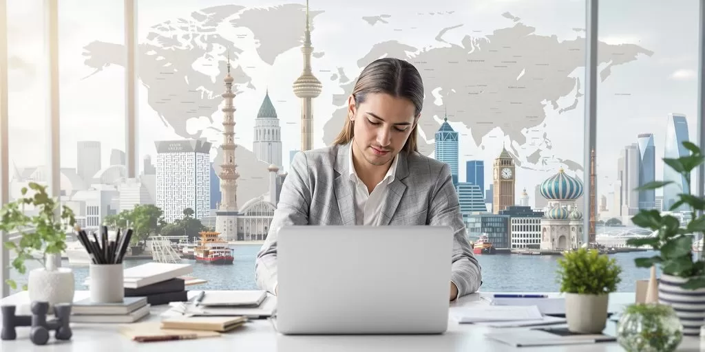 Professional translator facilitating global communication in a modern office.