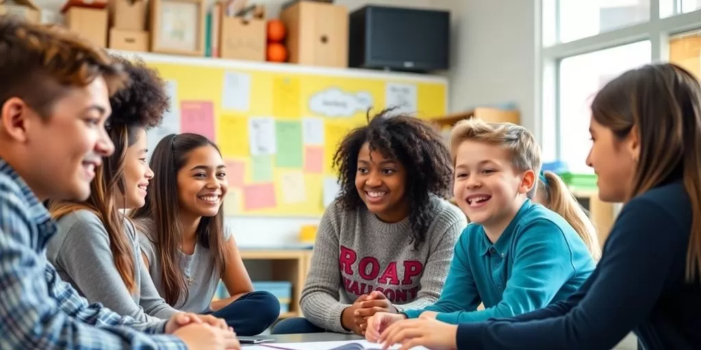 Diverse students collaborating in a bright classroom setting.
