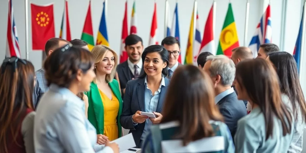 Diverse professionals discussing global communication with world flags.