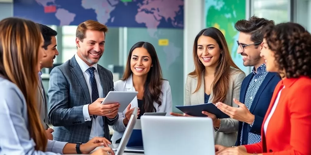 Diverse professionals collaborating in a vibrant workspace.