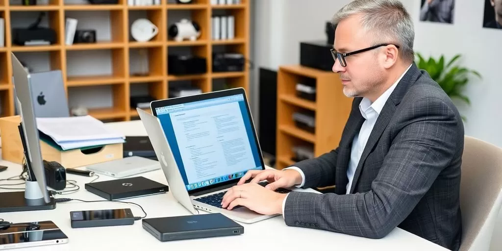Translator at laptop in a modern workspace.