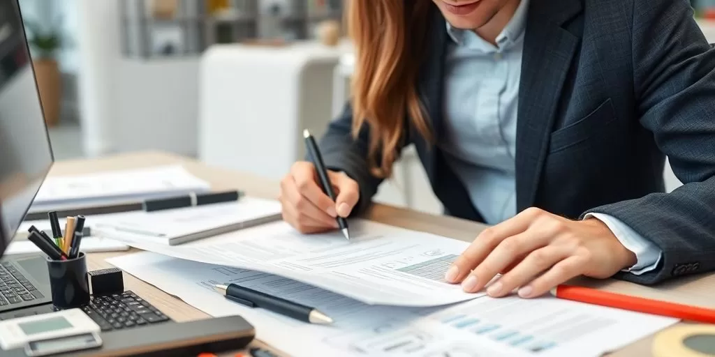 Professional translator working on technical document in office.