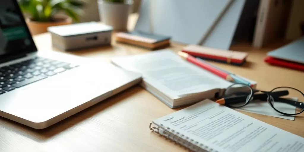 A translator's workspace with a laptop and notepad.