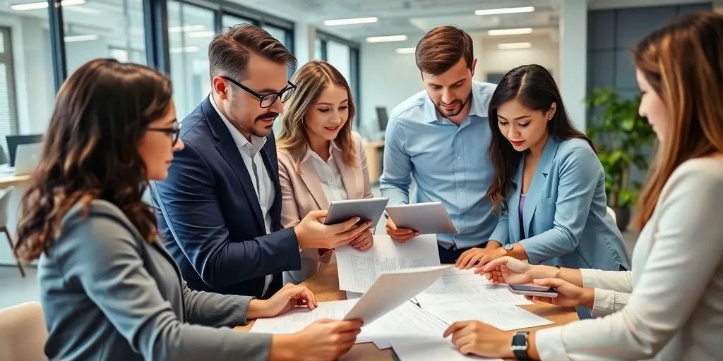 Professionals collaborating on technical documents in an office.