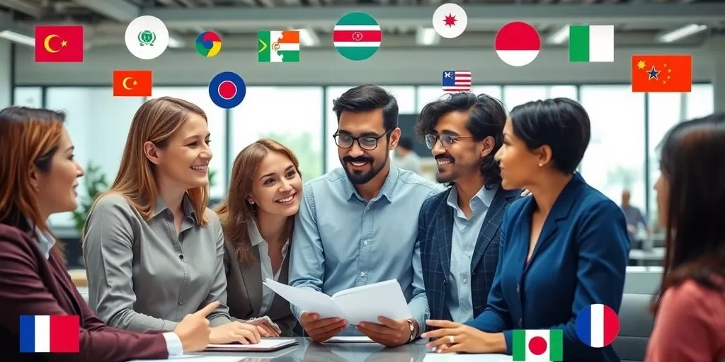 Diverse team collaborating on technical document translation.
