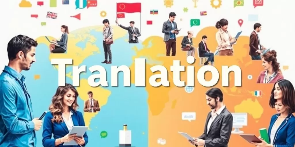 Diverse professionals collaborating on translation tasks with globes.