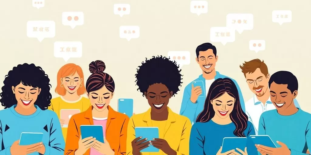 Diverse people using devices for translation services.