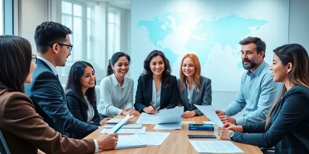Professionals discussing translation services in a modern office.