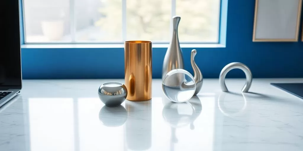 Sleek minimalist workspace with vibrant globe, metallic object, ceramic figures.