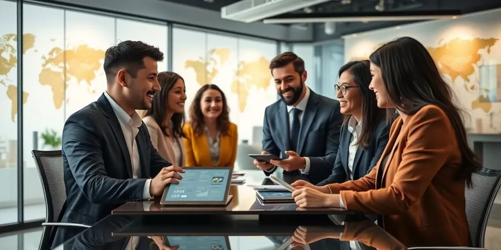 Modern office scene with diverse professionals planning effective translation budgets.