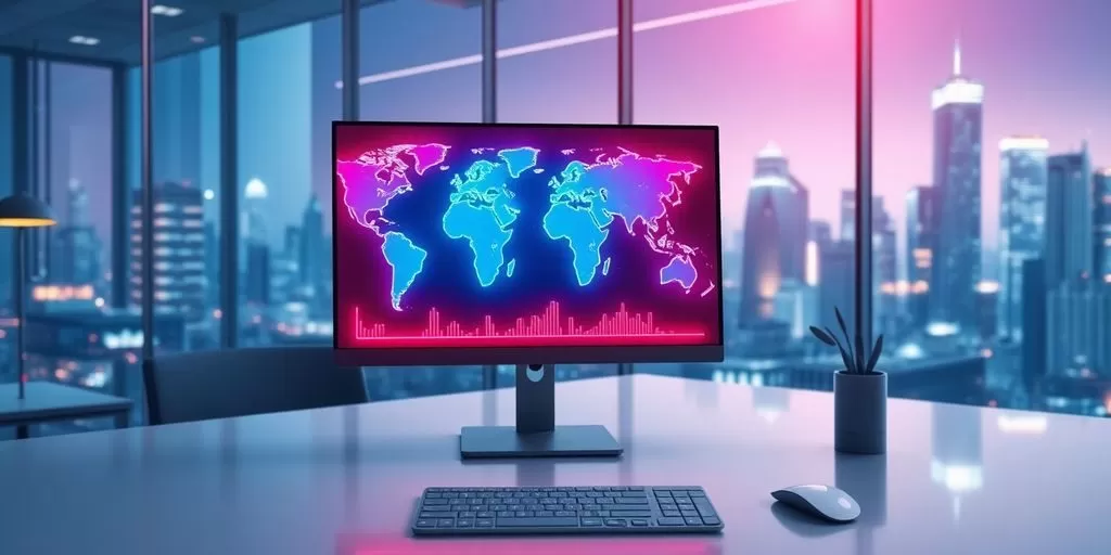 Futuristic translation office with vivid digital icons and neon background.
