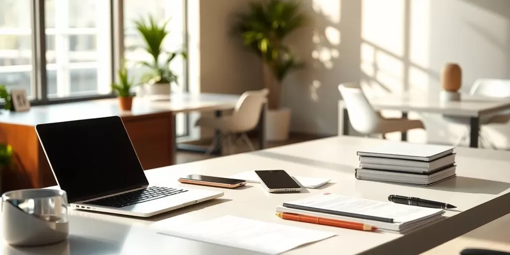 Sunlit modern work desk with sleek laptop, smartphone, and papers.