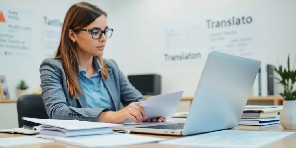 Professional translator at work with documents and laptop.
