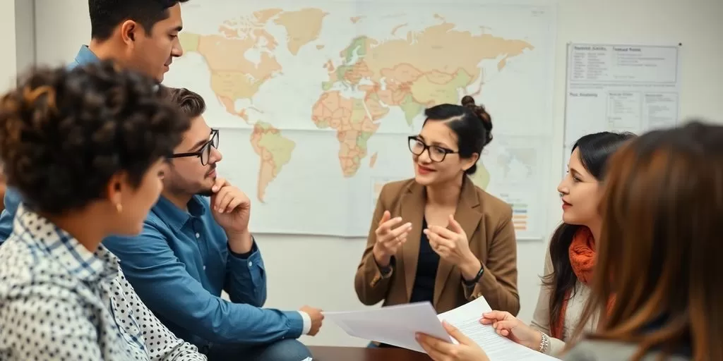 Diverse professionals discussing translation services fees.