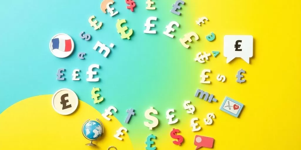 Currency symbols and translation icons on vibrant background.
