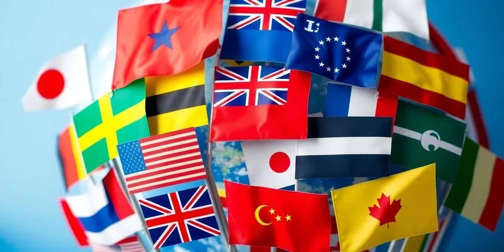 Flags of different countries representing various language pairs.