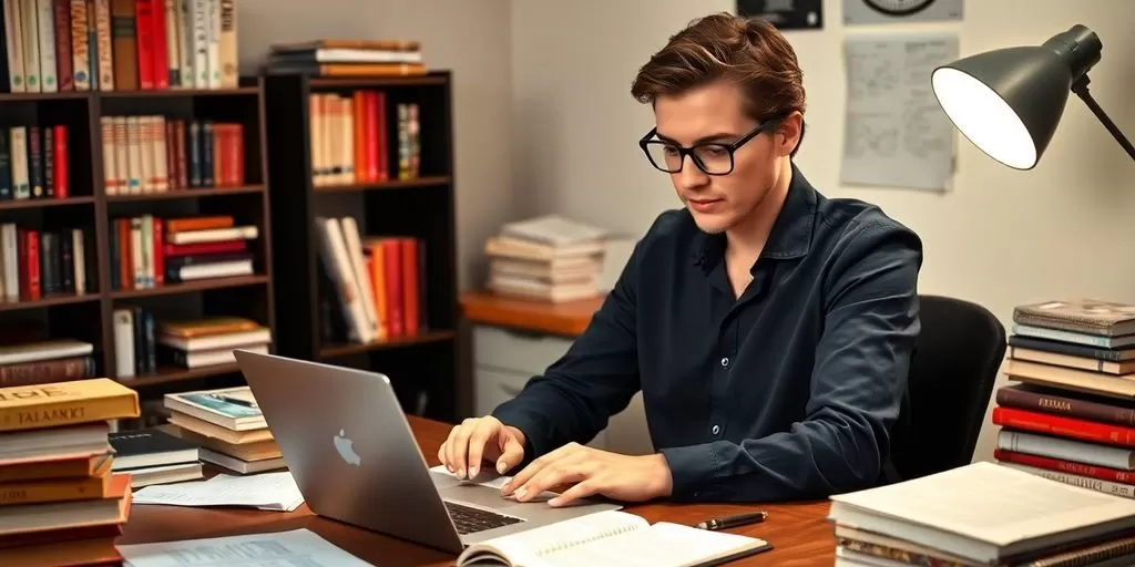 Translator at desk with language books and laptop.