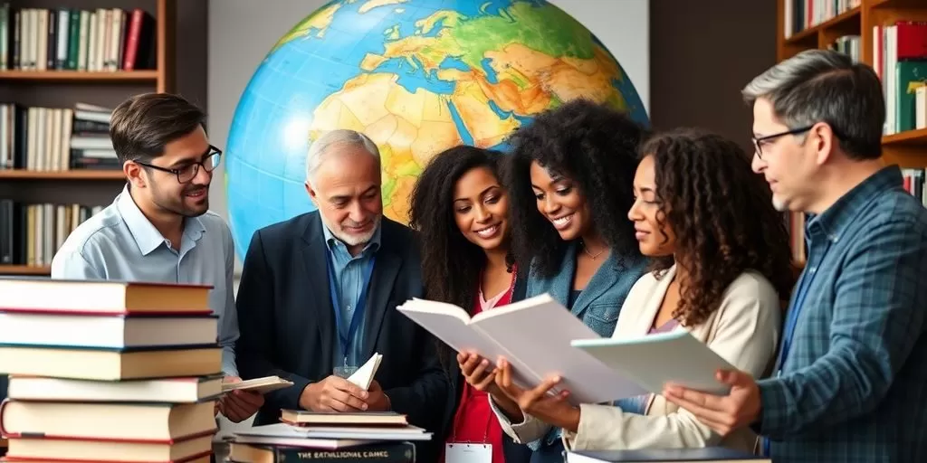 Academics collaborating with books and a globe.