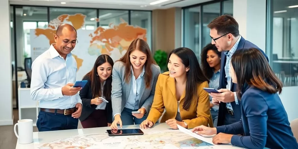 Diverse team collaborating in a modern office environment.