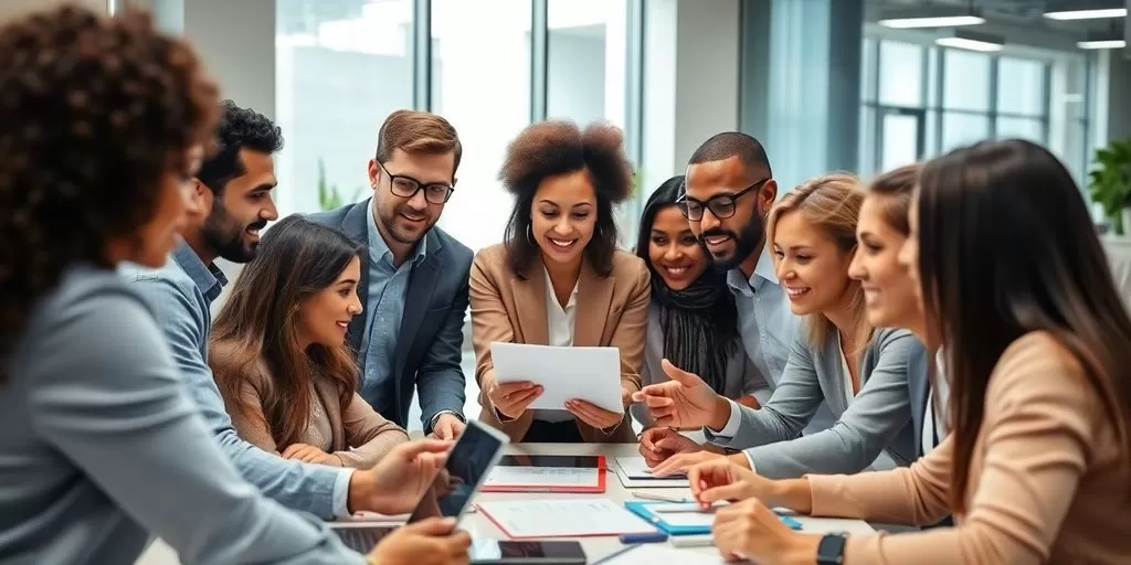 Diverse professionals collaborating in a modern office setting.