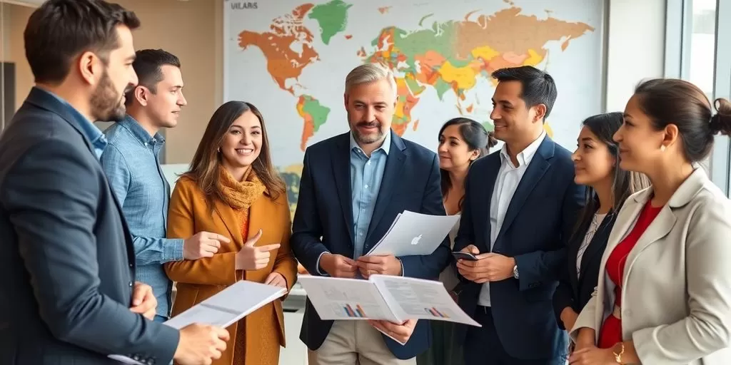 Diverse professionals collaborating in a modern office setting.
