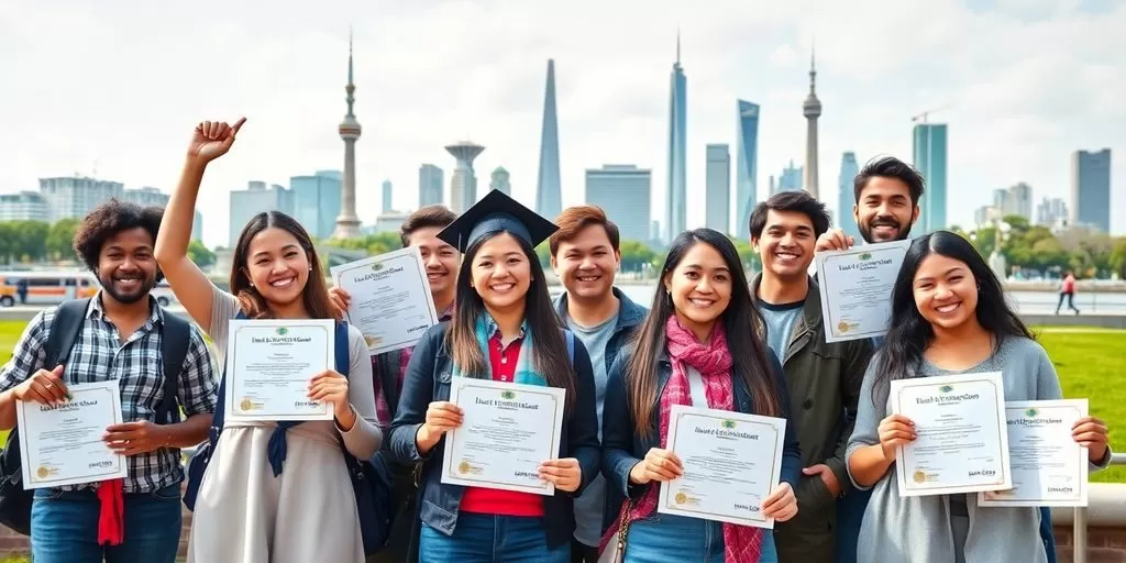 Diverse students celebrating diplomas with global landmarks backdrop.