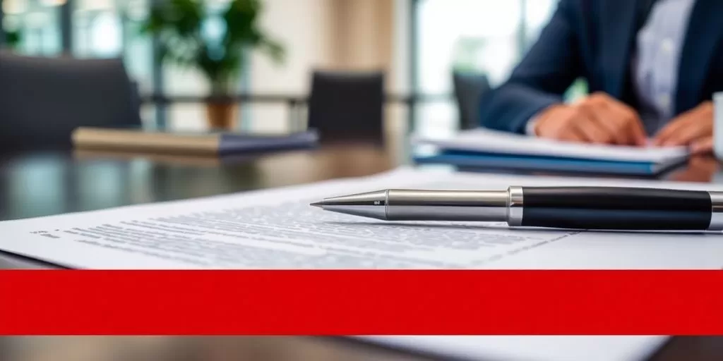 Close-up of a legal contract and pen in an office.