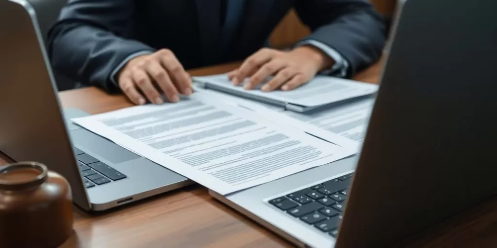 Professional translator working on legal documents in an office.