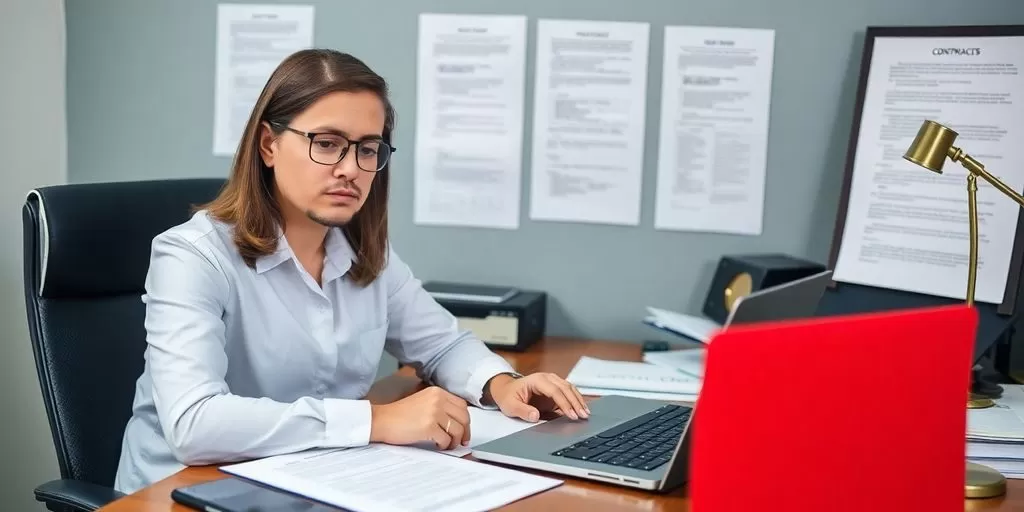Translator at work with contracts and papers on desk.