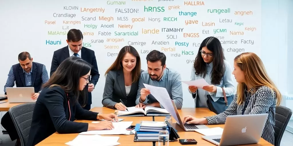Diverse professionals collaborating on document translation in an office.