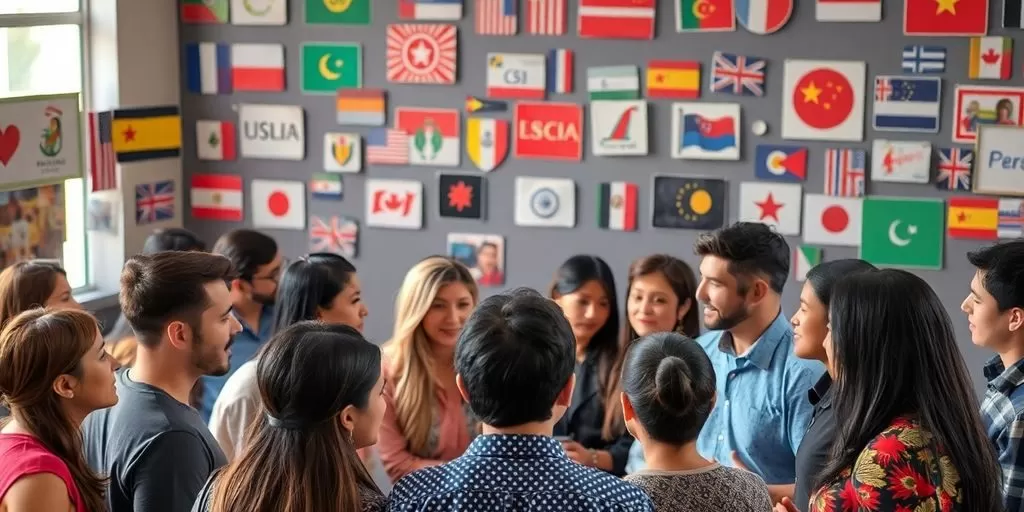 Diverse individuals conversing in a vibrant multicultural setting.