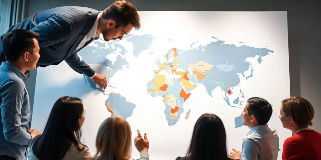 Diverse professionals discussing finance over a world map.