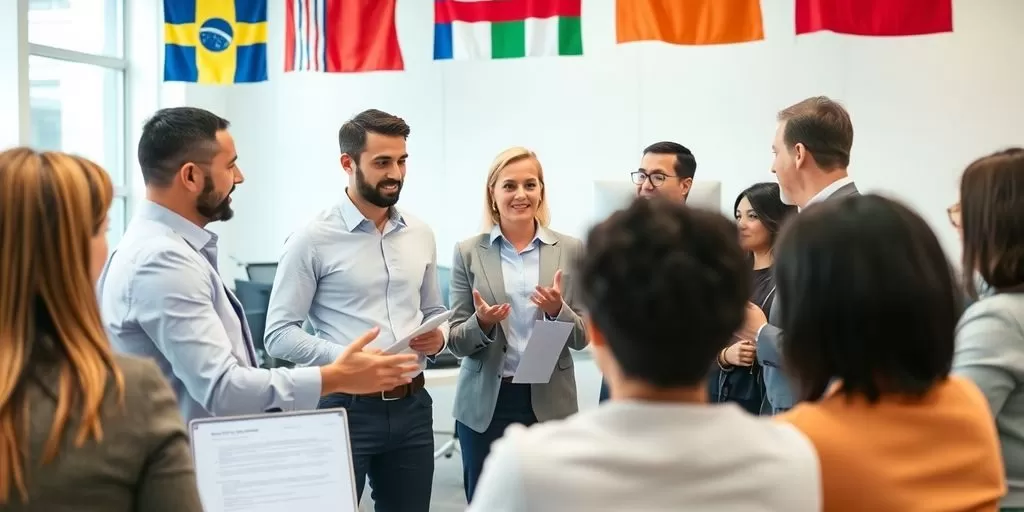 Group of professionals in a modern office discussing globally.