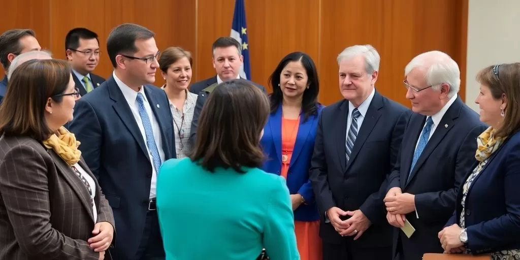 Government officials collaborating with interpreters for clear communication.