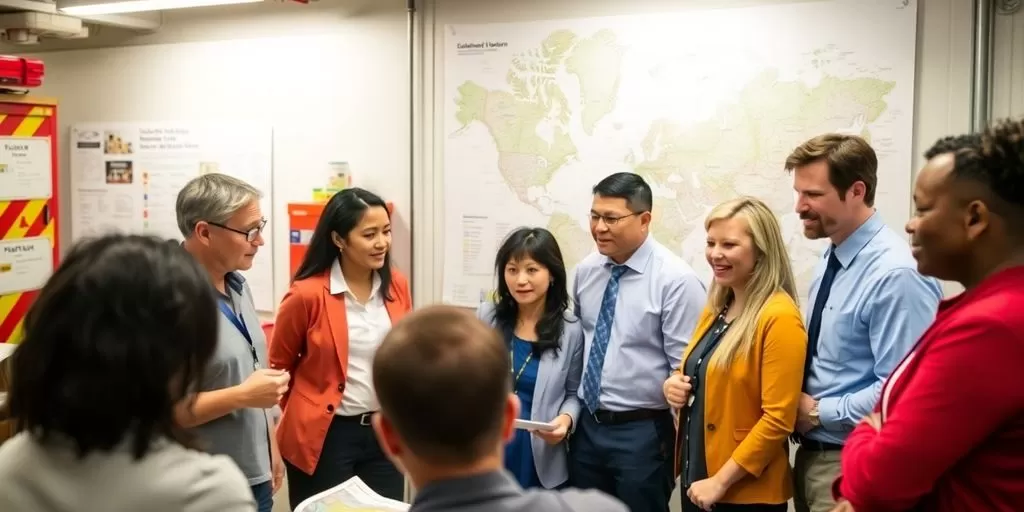 Diverse professionals collaborating in emergency response settings.