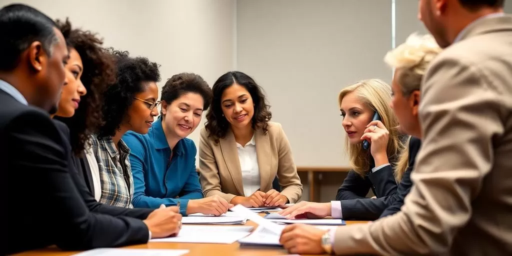 Diverse team discussing translation services in government setting.