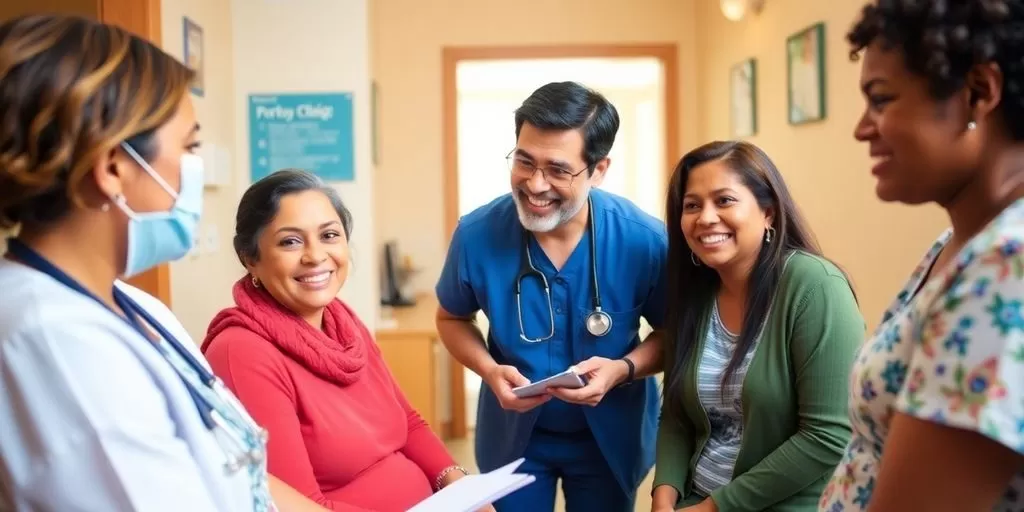 Healthcare professional helping diverse patients in a clinic.