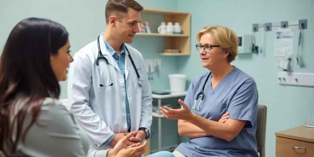 Healthcare professional communicating with a patient in office.