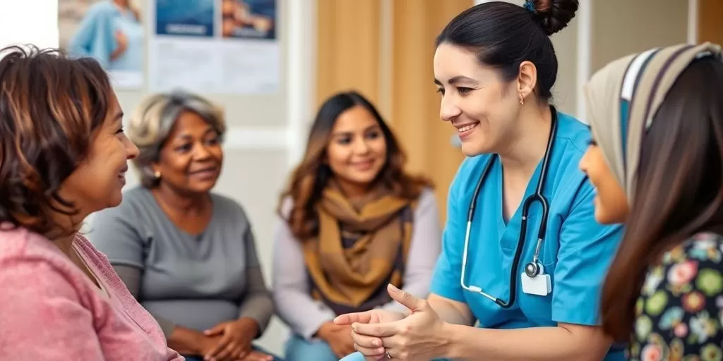 Diverse patients and healthcare professional in conversation.