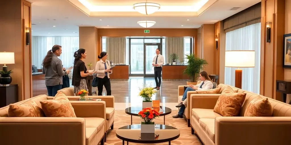 Diverse hotel lobby with multilingual staff and guests.