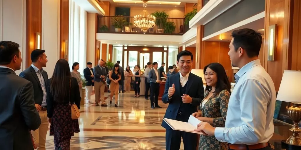 Diverse guests in a hotel lobby with friendly staff.