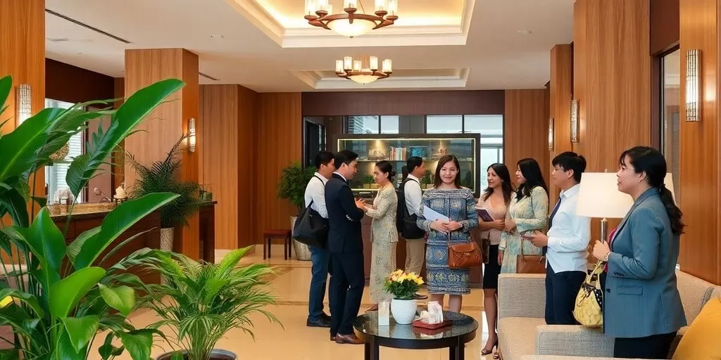 Diverse guests interacting in a welcoming hotel lobby.