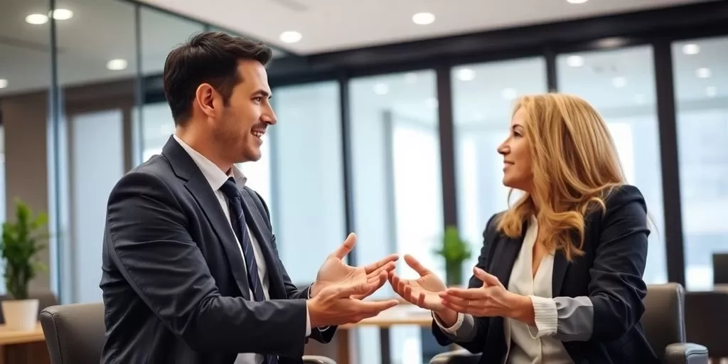 Lawyer and client engaged in conversation in office.